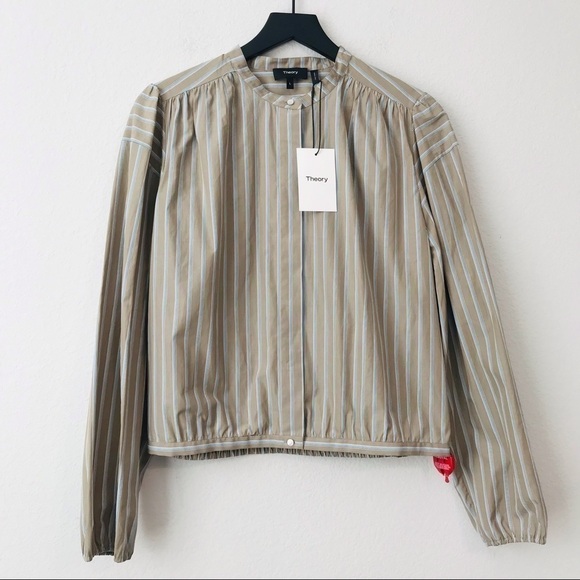 New! Theory Shirred Yoke Mandarin Collar Buttoned Down Blouse Top - Picture 5 of 15